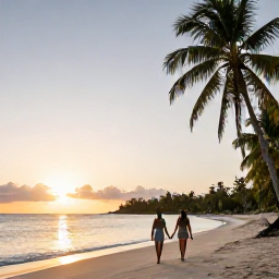 Caribbean Holidays, November Couples Holidays, A couple walking hand in hand along a quiet palm-fringed beach in Tobago at sunset