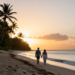 Caribbean Holidays, November Couples Holidays, A couple walking hand in hand along a quiet tropical beach in Saint Vincent and the Grenadines at sunset