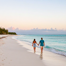 Caribbean Holidays, November Couples Holidays, A couple walking hand in hand along a quiet white-sand beach in The Bahamas at sunset, turquoise water and soft November light