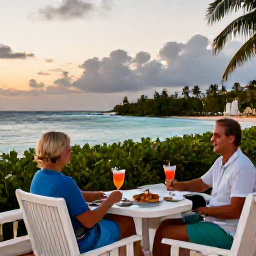Caribbean Holidays, November Couples Holidays, A peaceful seaside hotel terrace with two cocktails overlooking the Caribbean at dusk