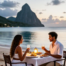 Caribbean Holidays, November Couples Holidays, A romantic open-air dinner for two beside a Saint Lucia beach, with lanterns, local food and the sea in the background
