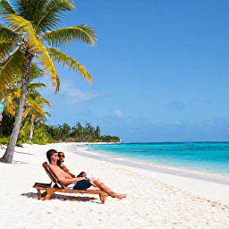 Caribbean Holidays, November Couples Holidays, A secluded white-sand beach with turquoise water, palm trees and two sun loungers in the Grenadines