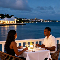 Caribbean Holidays, November Couples Holidays, Couple dining at an elegant seaside restaurant in Gustavia, Saint Barth&eacute;lemy, with harbour lights at dusk