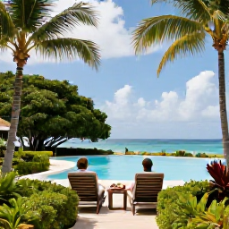 Caribbean Holidays, November Couples Holidays, Couple enjoying a peaceful beachfront resort in Saint Kitts, tropical gardens, swimming pool and calm Caribbean atmosphere