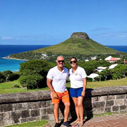 Caribbean Holidays, November Couples Holidays, Couple exploring historic Brimstone Hill Fortress on Saint Kitts, green hills, blue sea and clear November sky