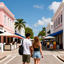 Caribbean Holidays, November Couples Holidays, Couple exploring Nassau streets with pastel colonial buildings, local market stalls and palm trees under bright Caribbean sunshine