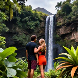 Caribbean Holidays, November Couples Holidays, Couple hiking through rainforest on Saint Vincent towards a scenic waterfall, with tropical plants and volcanic hills