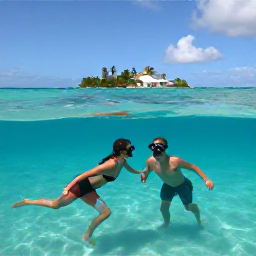Caribbean Holidays, November Couples Holidays, Couple snorkelling in clear Caribbean water near Saint Martin, colourful reef fish and a small tropical island in the background