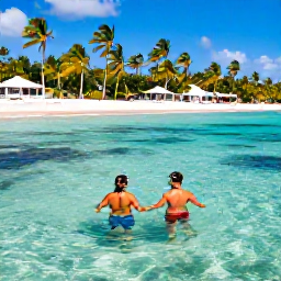 Caribbean Holidays, November Couples Holidays, Couple snorkelling in clear Caribbean water near Saona Island, with a white sandy beach and palm trees in the background