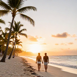 Caribbean Holidays, November Couples Holidays, Couple walking hand in hand along a palm-fringed Caribbean beach in the Dominican Republic at sunset