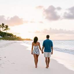 Caribbean Holidays, November Couples Holidays, Couple walking hand in hand along a quiet white-sand beach in Saint Barth&eacute;lemy at sunset
