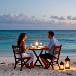 Caribbean Holidays, November Couples Holidays, Romantic beachfront dining for two in The Bahamas, with lanterns, fresh seafood and a calm turquoise sea at dusk