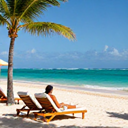 Caribbean Holidays, November Couples Holidays, Romantic beachfront resort in Punta Cana with sun loungers, turquoise sea and a couple enjoying a quiet morning