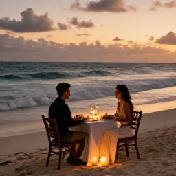 Caribbean Holidays, November Couples Holidays, Romantic candlelit dinner for two on a Dominican Republic beach, with waves, candles and a warm evening sky