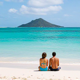 Caribbean Holidays, November Couples Holidays, Romantic couple relaxing on a quiet beach at Cockleshell Bay, Saint Kitts, turquoise water, soft sand and Nevis mountain in the distance
