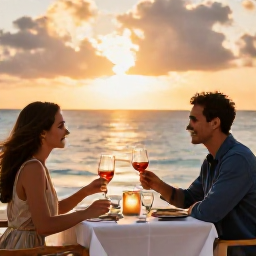 Caribbean Holidays, November Couples Holidays, Romantic dinner for two at a beachfront restaurant in Grand Case, Saint Martin, with sunset light over the sea