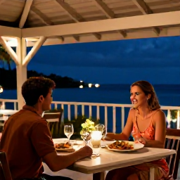 Caribbean Holidays, November Couples Holidays, Romantic open-air Caribbean restaurant in Saint Kitts, couple dining together with local seafood and gentle evening lights