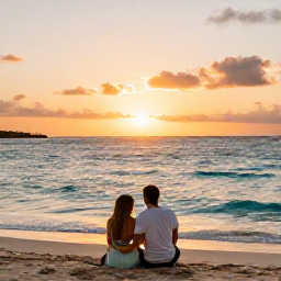 Caribbean Holidays, November Couples Holidays, Romantic sunset over Grace Bay with a couple sitting together on the sand and calm turquoise sea