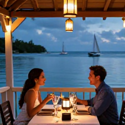 Caribbean Holidays, November Couples Holidays, Romantic waterfront dinner for two at a Caribbean restaurant in the Grenadines, with lanterns and sailing boats in the background