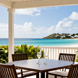 Caribbean Holidays, November Couples Holidays, Stylish Caribbean hotel terrace in Saint Barth&eacute;lemy with two glasses of wine and a view of the sea