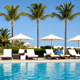 Caribbean Holidays, November Couples Holidays, Stylish couple relaxing beside a hotel pool in Saint Martin, palm trees, comfortable loungers and a clear blue Caribbean sky