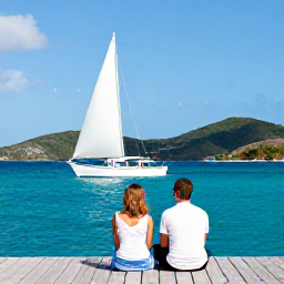 Caribbean Holidays, November Couples, Romantic couple sailing between green islands in the British Virgin Islands, bright blue Caribbean sea and traditional sailing boat