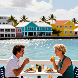 Caribbean Holidays, November Cruises, A couple enjoying a relaxed lunch at a waterfront restaurant in St Thomas, with colourful Caribbean buildings, palm trees and sparkling sea in the background