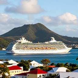 Caribbean Holidays, November Cruises, A modern cruise ship approaching Charlotte Amalie harbour on a bright November morning, with green hills, turquoise water and colourful waterfront buildings in the United States Virgin Islands