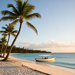 Caribbean Holidays, November Cruises, A peaceful British Virgin Islands beach with palm trees, soft sand and a small boat offshore in warm November light