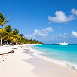 Caribbean Holidays, November Cruises, A quiet tropical beach in St John with clear turquoise water, white sand, palm trees and a small boat offshore under a sunny Caribbean sky