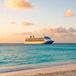 Caribbean Holidays, November Cruises, A relaxed November evening on a Turks and Caicos beach, with a cruise ship offshore, soft golden light and calm turquoise water