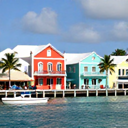 Caribbean Holidays, November Cruises, Colourful Caribbean waterfront with pastel buildings, small boats, palm trees and passengers exploring a sunny historic town