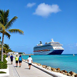 Caribbean Holidays, November Cruises, Cruise passengers walking along the colourful waterfront and sandy beach at Grand Turk, with palm trees and clear blue sea