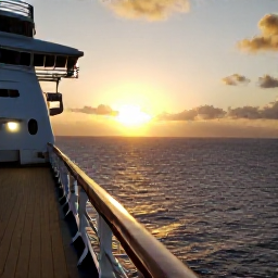 Caribbean Holidays, November Cruises, Golden sunset over the Caribbean sea viewed from the deck of a cruise ship, with warm lights and calm water