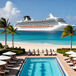 Caribbean Holidays, November Cruises, Passengers relaxing beside a Caribbean cruise ship pool with palm trees and a bright tropical coastline in the background