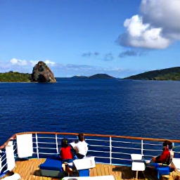 Caribbean Holidays, November Cruises, Passengers relaxing on the deck of a small cruise ship while sailing past green islands and dramatic rocky outcrops in the British Virgin Islands