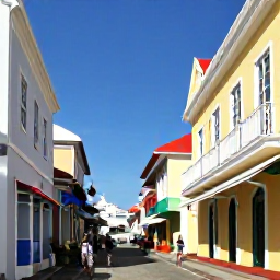 Caribbean Holidays, November Cruises, Visitors walking through the colourful streets of Charlotte Amalie, St Thomas, with historic buildings, local shops and a cruise ship visible in the harbour
