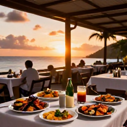 Caribbean Holidays, November Culture, An outdoor Saint Barth&eacute;lemy dining scene in November, with grilled seafood, local dishes, a relaxed terrace and sunset over the Caribbean Sea