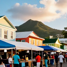 Caribbean Holidays, November Culture Holidays, Colourful local culture in Kingstown, Saint Vincent, with market stalls, Caribbean buildings and people enjoying a warm November morning