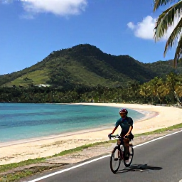Caribbean Holidays, November Cycling, A cyclist beside a quiet beach road in Tobago, with turquoise water, palm trees and forested hills in the background