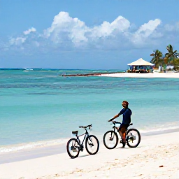 Caribbean Holidays, November Cycling, A cyclist resting with a bicycle beside a calm Cura&ccedil;ao beach, turquoise water, soft sand and a small beach caf&eacute; in the background