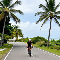 Caribbean Holidays, November Cycling, A cyclist riding along a quiet coastal road in Trinidad and Tobago in November, with tropical greenery and glimpses of the sea