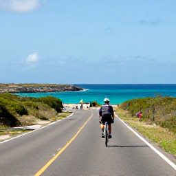 Caribbean Holidays, November Cycling, A cyclist riding along a sunny coastal road in Cura&ccedil;ao in November, with turquoise sea, rugged coastline and bright blue sky