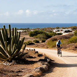 Caribbean Holidays, November Cycling, A cyclist travelling through Cura&ccedil;ao countryside near cactus plants and low hills, with a distant blue sea and warm November sunlight