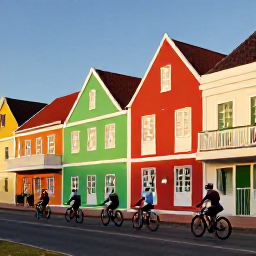 Caribbean Holidays, November Cycling, A group of touring cyclists beside colourful Dutch colonial buildings in Willemstad, Cura&ccedil;ao, with bicycles and calm morning light