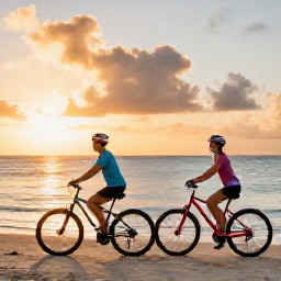 Caribbean Holidays, November Cycling, A happy couple finishing a cycle ride at a Caribbean beach in Tobago at sunset, with bicycles beside them and calm sea views