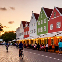 Caribbean Holidays, November Cycling, A relaxed evening in Willemstad, Cura&ccedil;ao, with cyclists dining outdoors near colourful waterfront buildings under a warm sunset sky