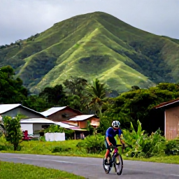 Caribbean Holidays, November Cycling, A road cyclist passing through lush tropical hills and a small village on Trinidad, with dramatic green scenery