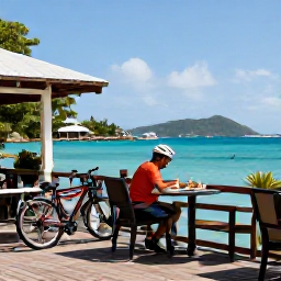 Caribbean Holidays, November Cycling, Cyclist enjoying lunch at a waterfront caf&eacute; in Saint Vincent and the Grenadines, with bicycles nearby and a tropical harbour view