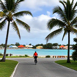Caribbean Holidays, November Cycling, Cyclist exploring a peaceful island road on Bequia, with palm trees, colourful homes and a calm blue bay